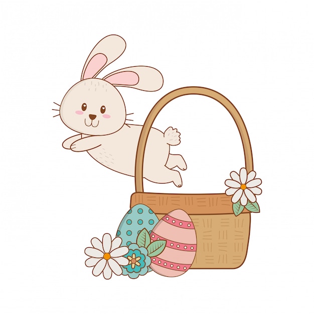 Little rabbit with egg painted easter in basket