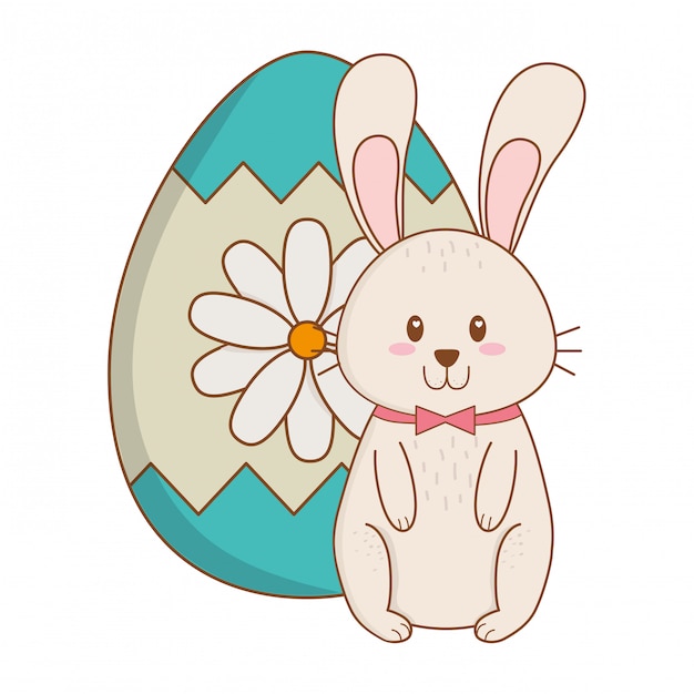 Vector little rabbit with egg painted and flowers easter character
