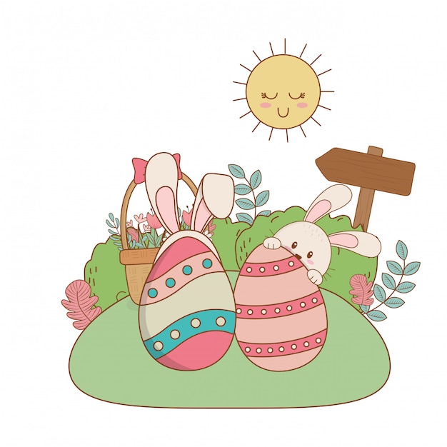 庭に描かれた卵と小さなウサギ