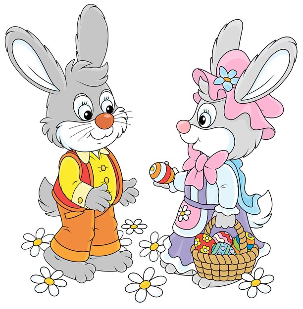 Little rabbits with a basket of Easter eggs