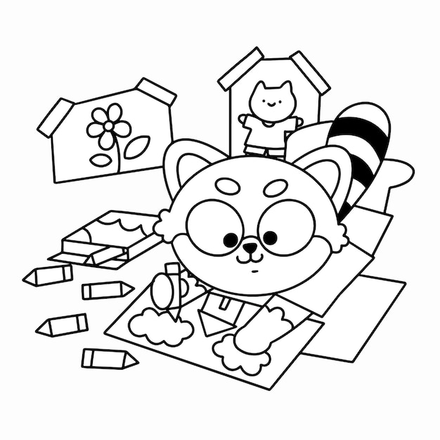 Little raccoon drawing a house premium coloring page