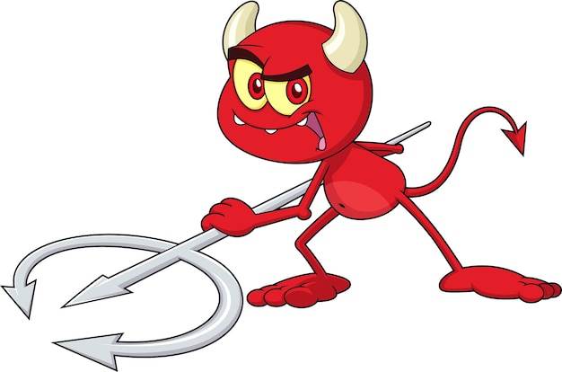 Little Red Devil Cartoon Character With Pitchfork Vector Hand Drawn Illustration
