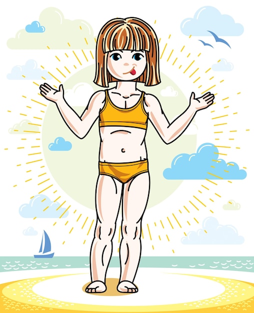 Little red-haired girl cute kid standing on beach in bikini. Vector attractive kid illustration.