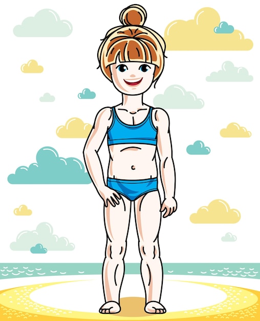Vector little red-haired girl cute kid standing on beach in bikini. vector attractive kid illustration.