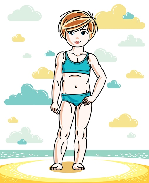 비키니를 입고 해변에 서 있는 작은 빨간 머리 소녀 귀여운 아이. 터 매력적인 아이 일러스트레이션.