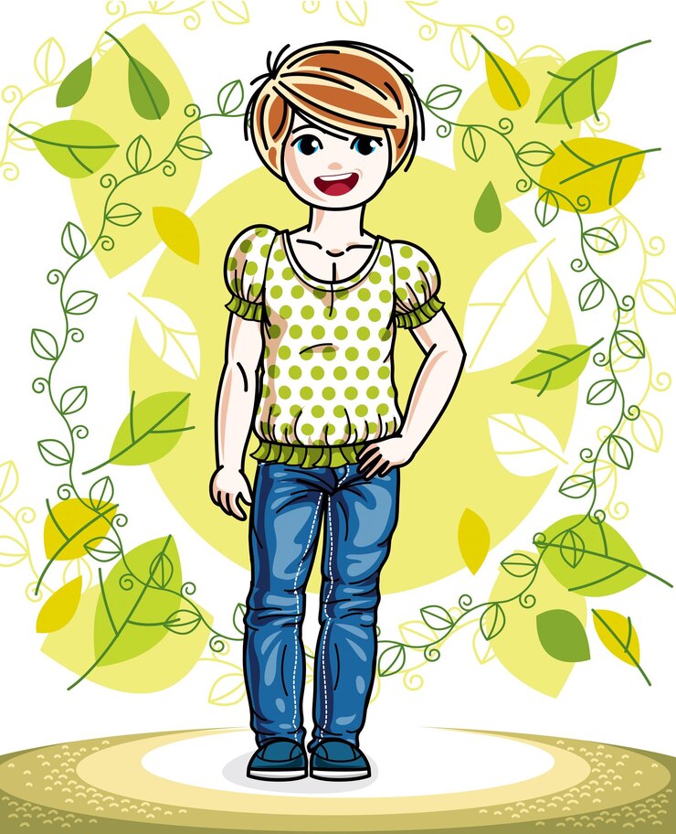 वेक्टर little red-haired girl toddler standing on background of spring landscape and wearing fashionable casual clothes. vector attractive kid illustration. fashion and lifestyle theme cartoon.