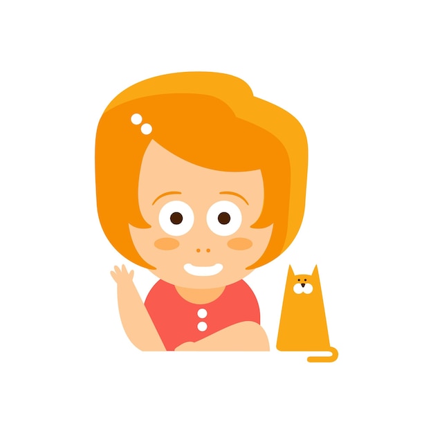 Маленькая рыжая девочка в платье машет рукой и улыбается, сидя со своей кошкой плоский портрет персонажа мультфильма эмодзи векторная иллюстрация