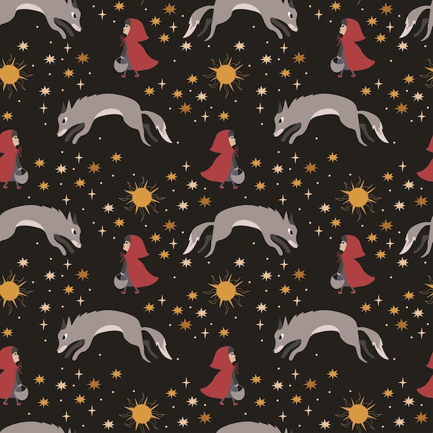 Little Red Riding Hood en wolf sprookjesfiguren Sterren nacht naadloze patroon vectorillustratie