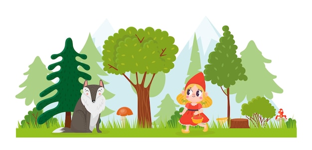 Cappuccetto rosso ragazza che cammina con cesto nella foresta animale lupo seduto tra gli alberi fiaba con bambino felice
