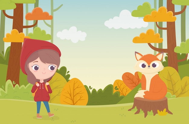 little red riding hood and sitting wolf in trunk forest fairy tale cartoon illustration