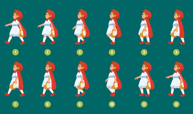 Vector little red riding hood walk cycle animation sequences