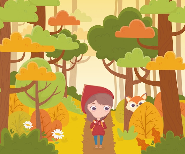 Vector little red riding hood walking in the forest and wolf watching fairy tale cartoon illustration