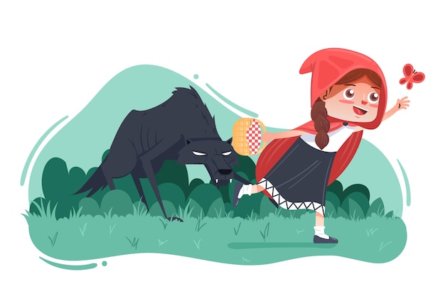 Little red riding hood with scary wolf