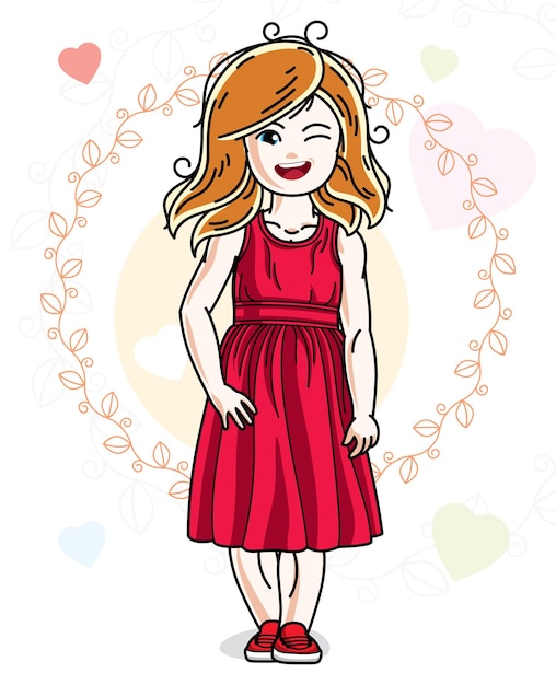 Little redhead cute child in wearing different casual clothes and standing on colorful backdrop with hearts. vector illustration of nice girl.