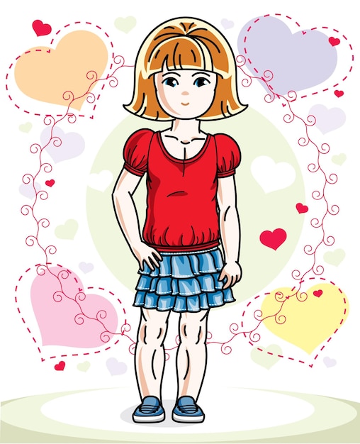 Little redhead cute child in wearing different casual clothes and standing on colorful backdrop with hearts. Vector illustration of nice girl.