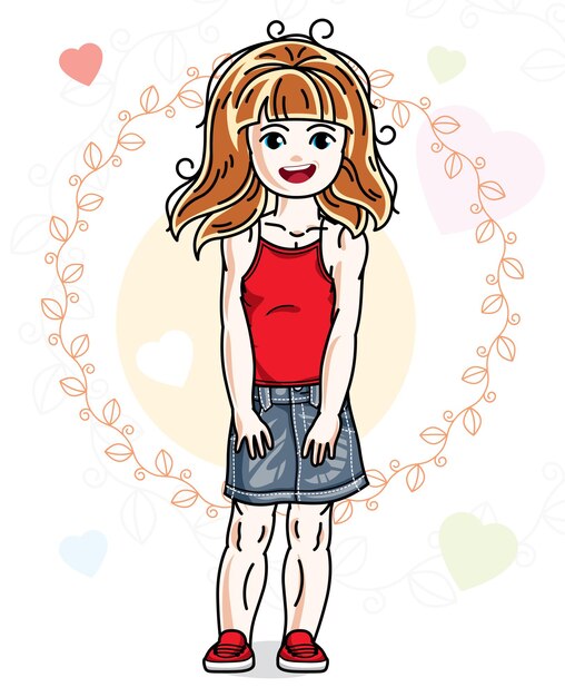 Vector little redhead cute child in wearing different casual clothes and standing on colorful backdrop with hearts. vector illustration of nice girl.