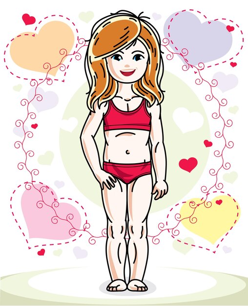 Little redhead cute child in wearing different casual clothes and standing on colorful backdrop with hearts. Vector illustration of nice girl.