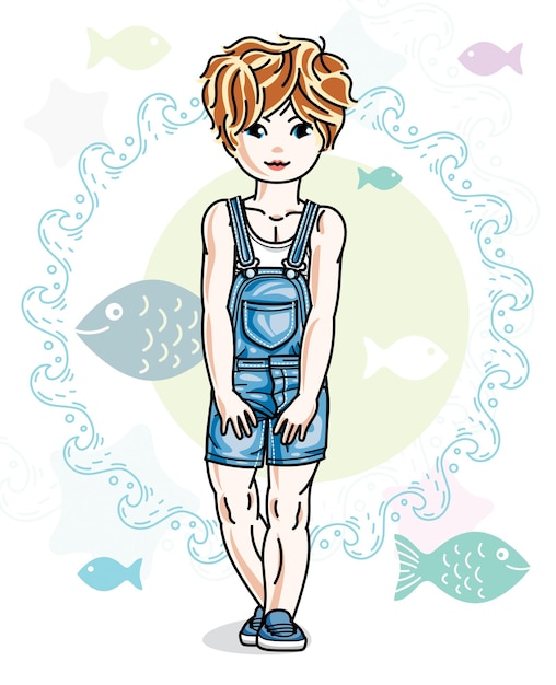 Little redhead girl cute child toddler in casual clothes standing on marine backdrop with ocean and fishes. Vector pretty nice human illustration.