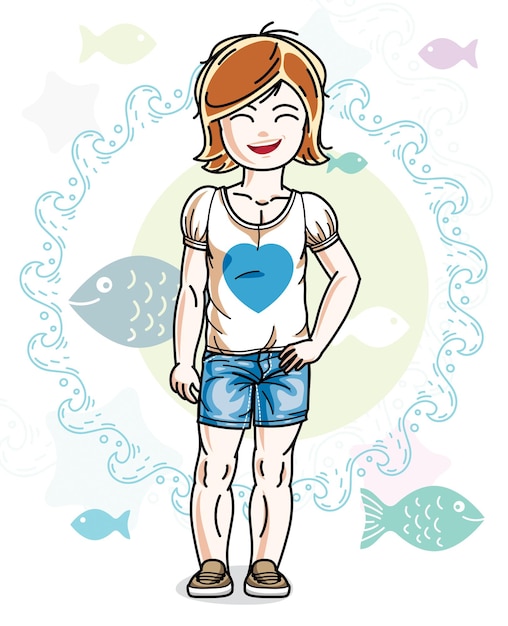 Little redhead girl cute child toddler in casual clothes standing on marine backdrop with ocean and fishes. Vector pretty nice human illustration.