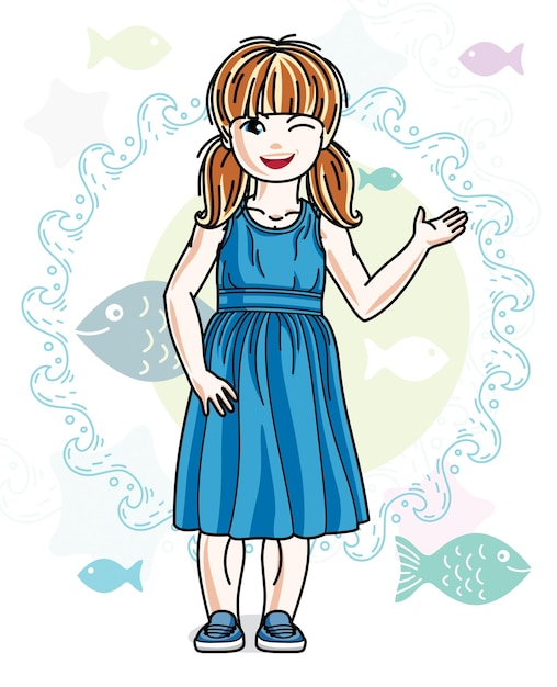 벡터 바다와 물고기가 있는 해양 배경에 서 있는 평상복을 입은 작은 빨간 머리 소녀 귀여운 아이입니다. 벡터 꽤 좋은 인간의 그림입니다.