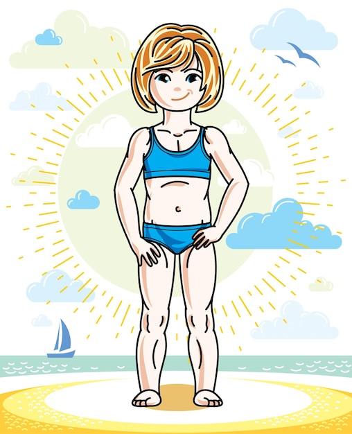 Vector little redhead girl cute child toddler standing on beach in colorful swimsuit. vector pretty nice human illustration. summertime and vacation theme.