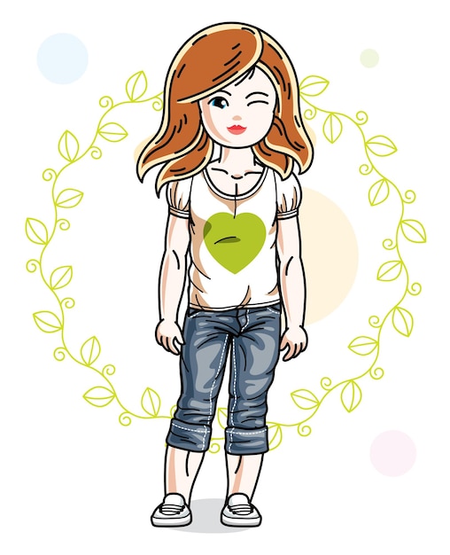 Vector little redhead girl toddler in fashionable casual clothes posing on green eco background. vector illustration of kid standing.