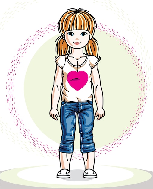 Little redhead girl toddler standing in fashionable casual clothes. Vector kid illustration.