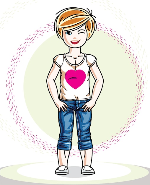 Vector little redhead girl toddler standing in fashionable casual clothes. vector kid illustration.