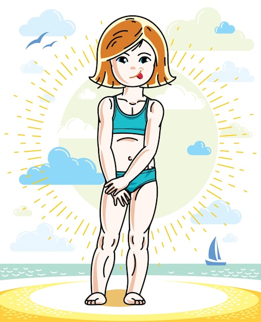 Vector little redhead girl toddler standing on sunny beach and wearing swimming suit. vector kid illustration. summer holidays theme.