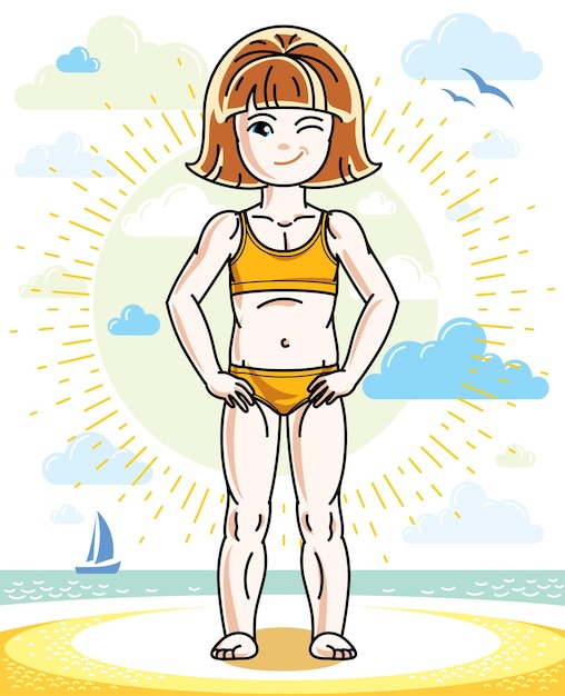 Piccola ragazzina dai capelli rossi in piedi sulla spiaggia soleggiata e con il costume da bagno. illustrazione per bambini vettoriale. tema delle vacanze estive.