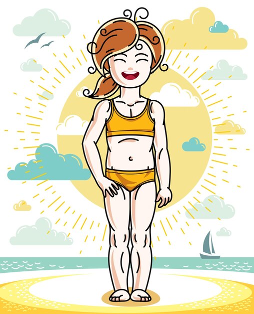 Little redhead girl toddler standing on sunny beach and wearing swimming suit. vector kid illustration. summer holidays theme.