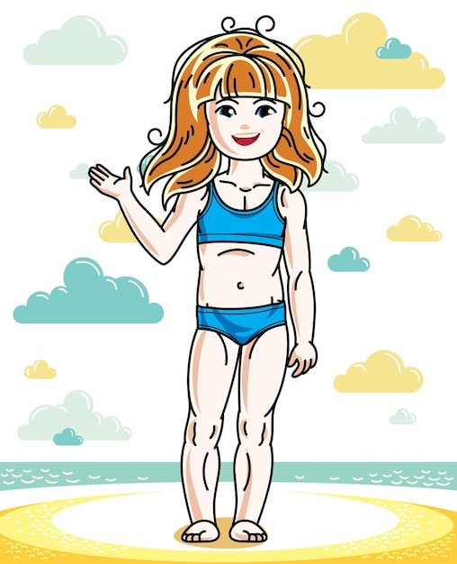 Vector little redhead girl toddler standing on sunny beach and wearing swimming suit. vector kid illustration. summer holidays theme.