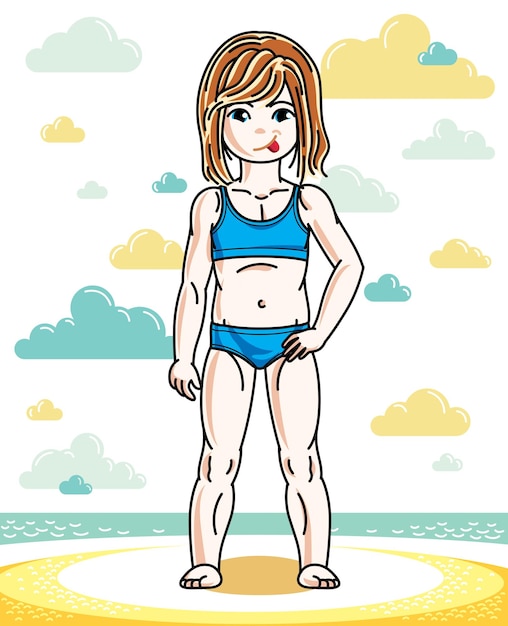 Piccola ragazzina dai capelli rossi in piedi sulla spiaggia soleggiata e con il costume da bagno. illustrazione per bambini vettoriale. tema delle vacanze estive.