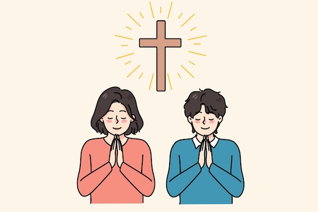 Little religious kids near cross in church pray to god feel superstitious. small children believers with prayer hands show faith and religion. superstition and high power. vector illustration.