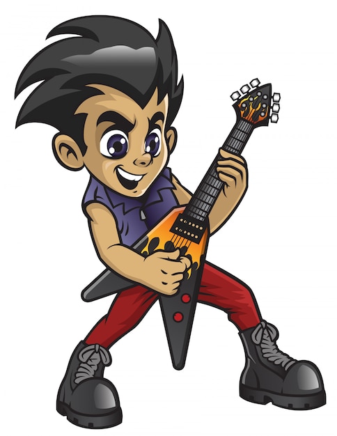 Vector little rocker boy playing an electric guitar