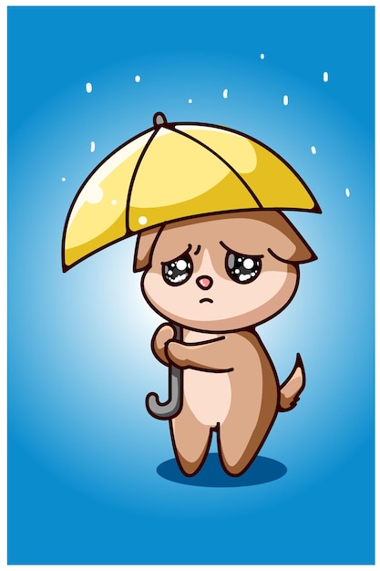 Little sad dog under the umbrella hand drawing