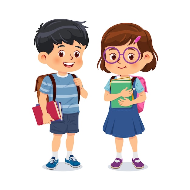 Little school children stand holding books with backpacks cartoon characters