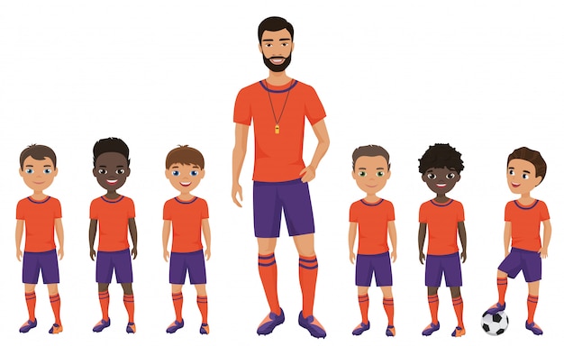 Vector little school kids football team with a coach.  illustration.