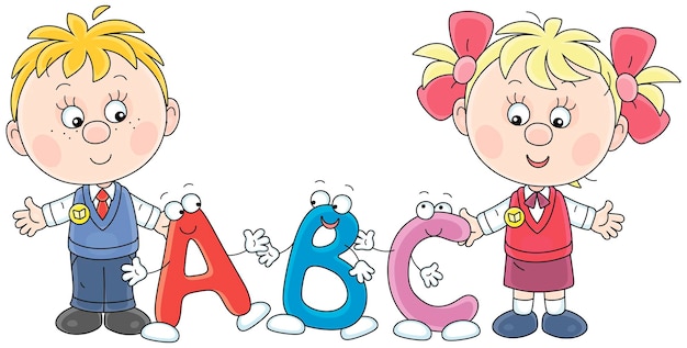 Вектор Маленький школьник и школьница первого класса с смешными карикатурными буквами из книги abc