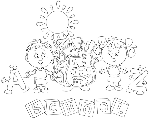 Маленький школьник и школьница после детского сада с смешной мультфильмовой школьной сумкой перед уроками