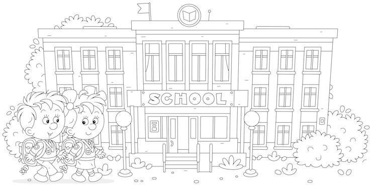 Vector little schoolboy and schoolgirl with schoolbags going to their pretty school for start of classes