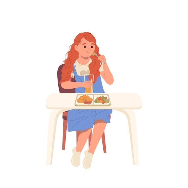 Vettore personaggio dei cartoni animati di piccola studentessa mangiare cibo sano e bere succo alla mensa della scuola elementare illustrazione vettoriale isolato su sfondo bianco felice studentessa ora di pranzo in sala da pranzo