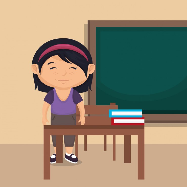 Vector little schoolgirl in the classroom