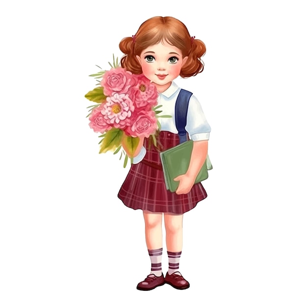 Little schoolgirl holding a bouquet of flowers in her hand