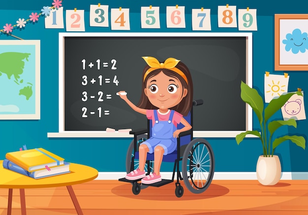 Little schoolgirl stand by blackboard with chalk and solve mathematical problems on math lesson