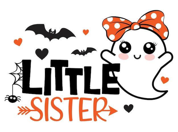 Vettore illustrazione vettoriale di little sister halloween con graziosi cuori fantasma ragno e pipistrelli design di halloween per ragazze isolato