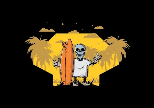 Little skull holding a surfing board illustration design