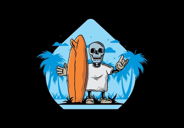 Little skull holding a surfing board illustration design