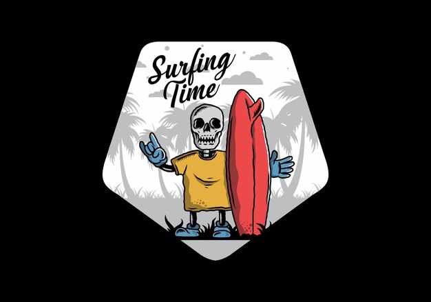 Little skull holding a surfing board illustration design