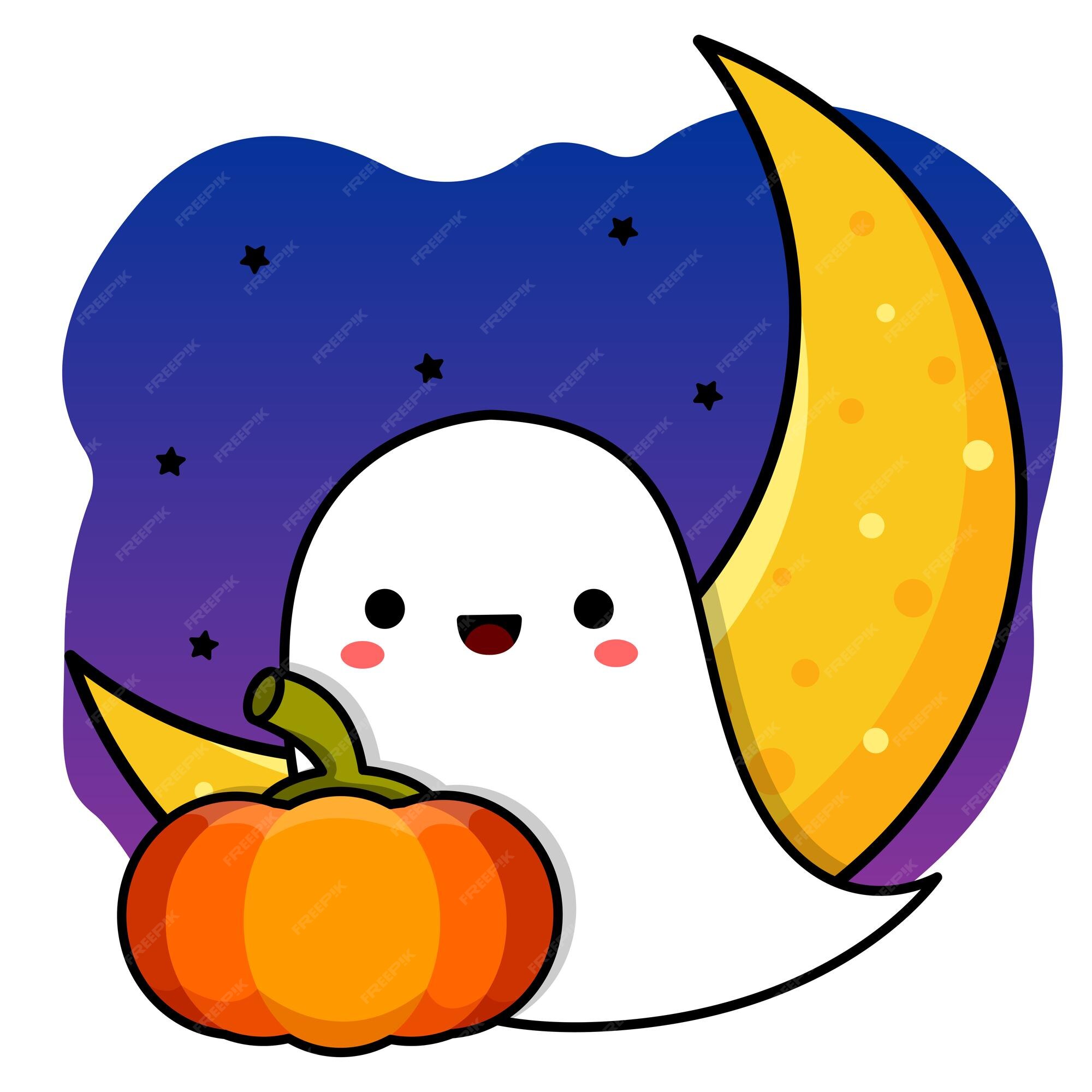 Premium Vector Little smiling ghost pumpkins and the moon halloween drawing vector illustration